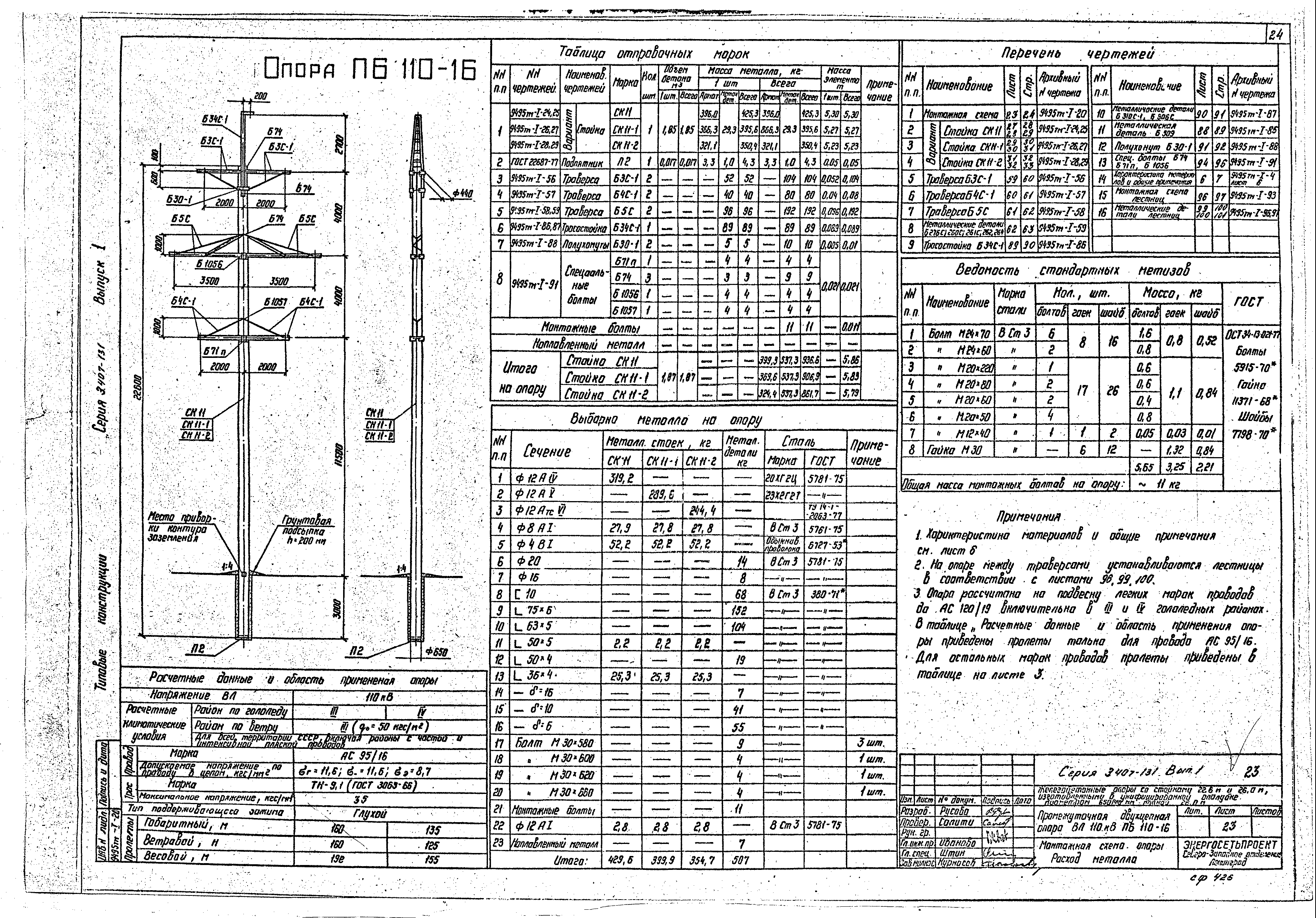 Общее описание и технические характеристики промежуточной железобетонной опоры ПБ110-16