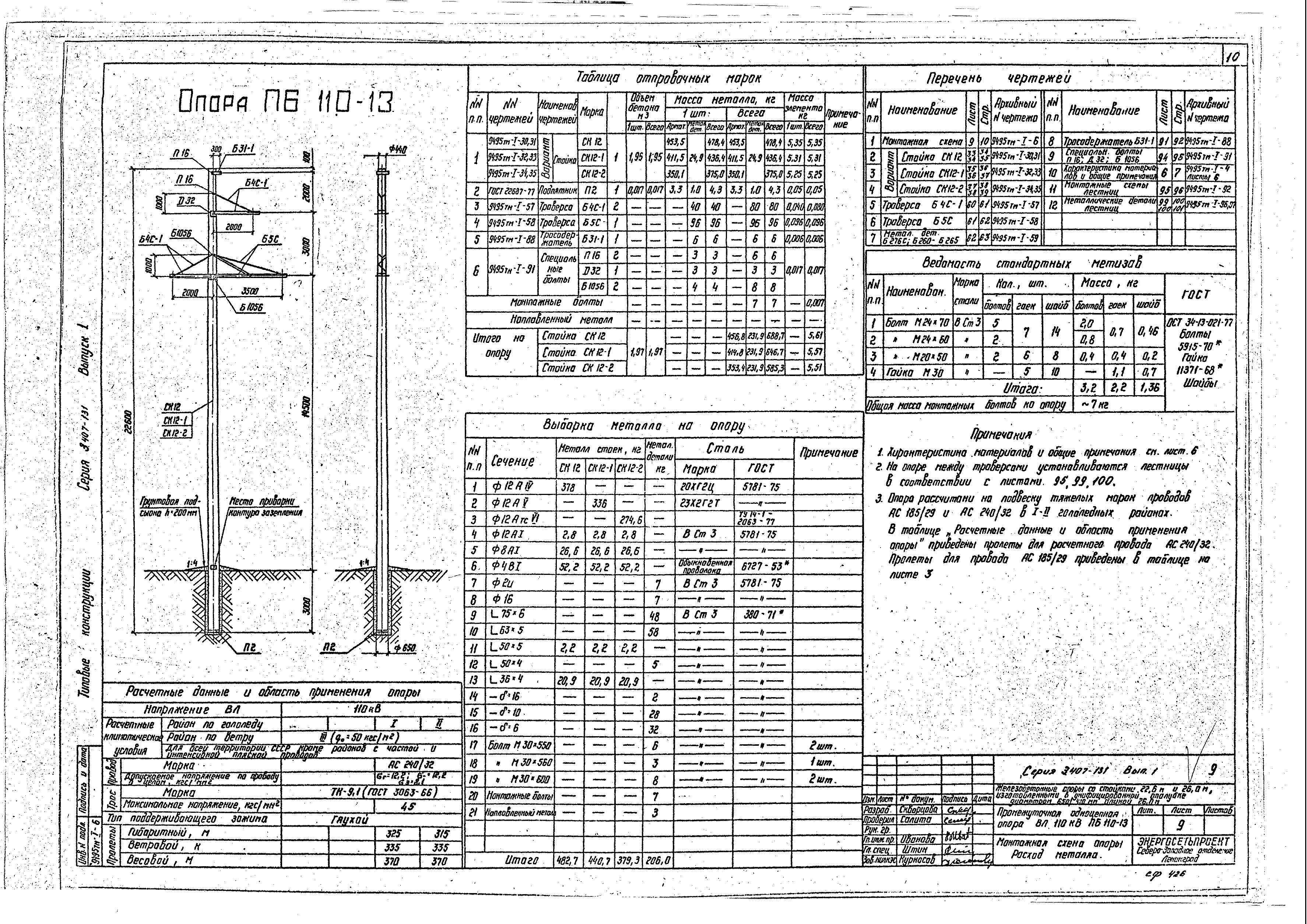 Описание промежуточной опоры ПБ110-13 и допустимых условий эксплуатации.