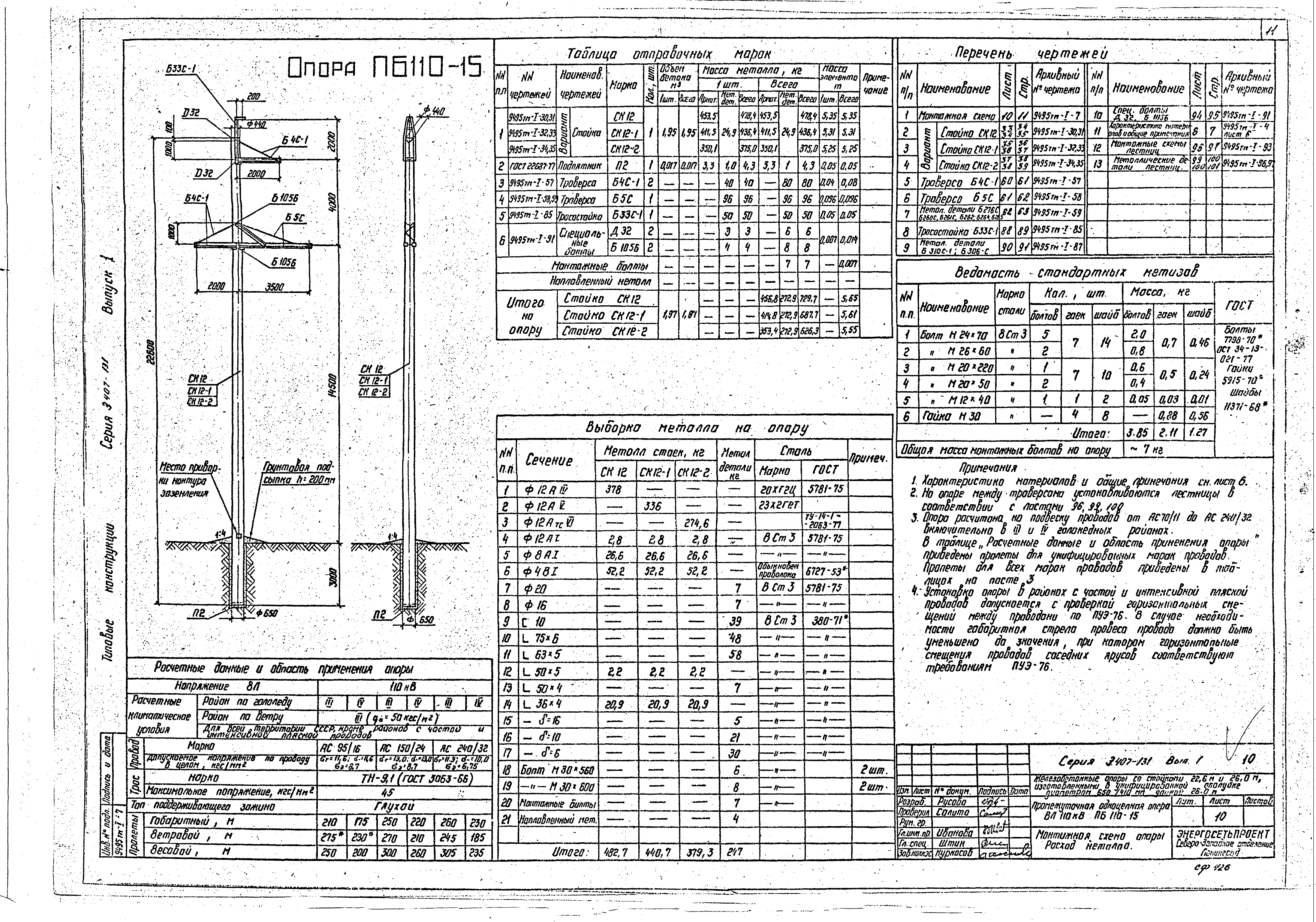 Описание и характеристики промежуточной железобетонной опоры ПБ110-15
