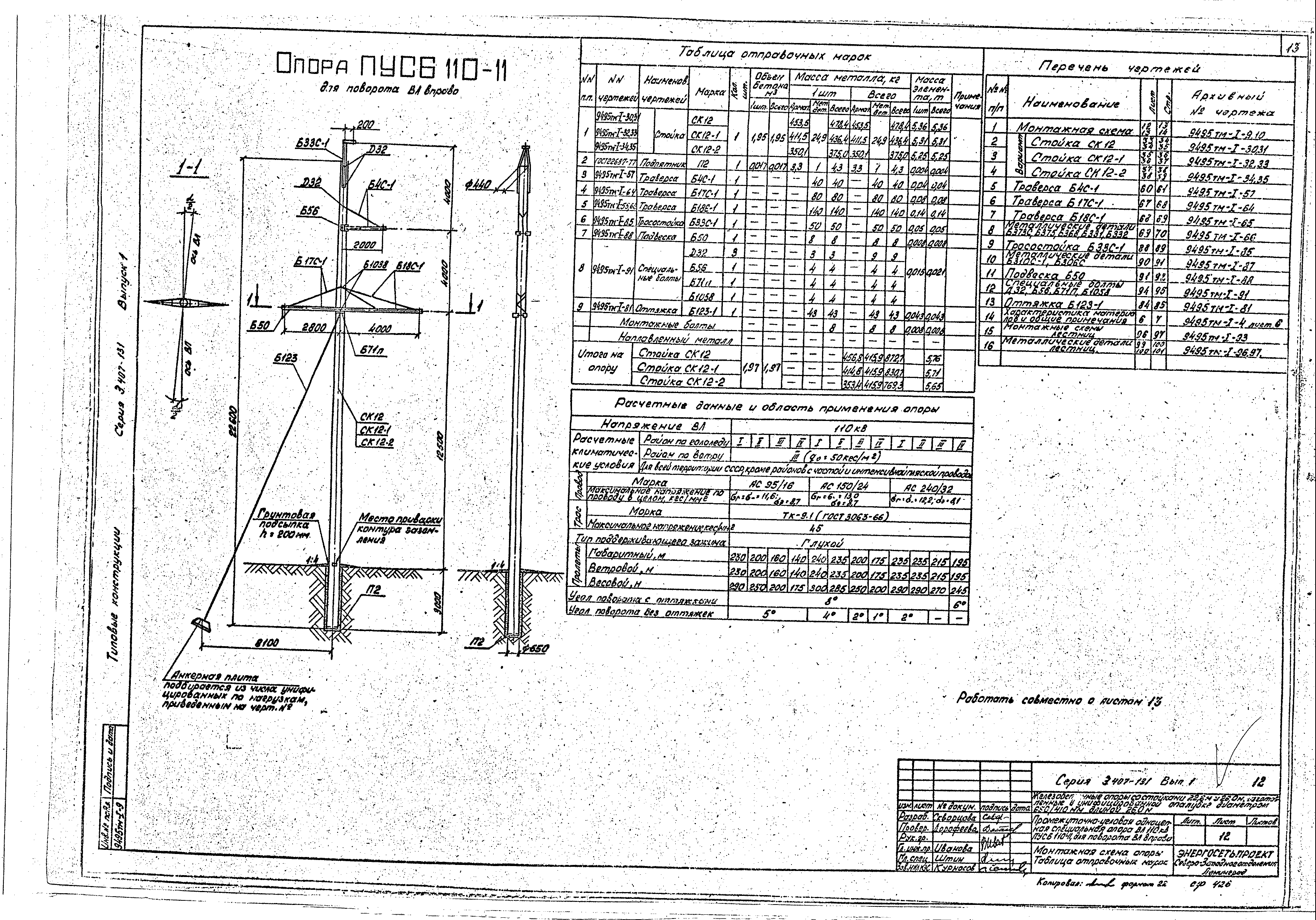 Описание и технические характеристики промежуточно-угловой опоры ПУСБ110-11